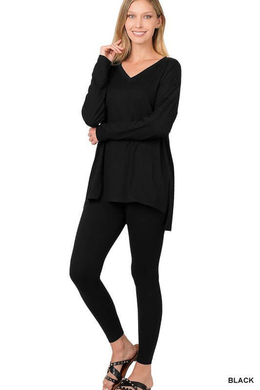 Zenana oversized V-neck tunic and leggings set in buttery soft lounge wear fabric, shown in a relaxed fit and comfortable style.