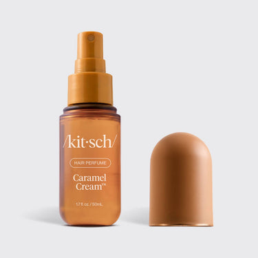 KITSCH Caramel Cream Hair & Body Perfume Mist bottle with caramel-colored liquid and elegant packaging.