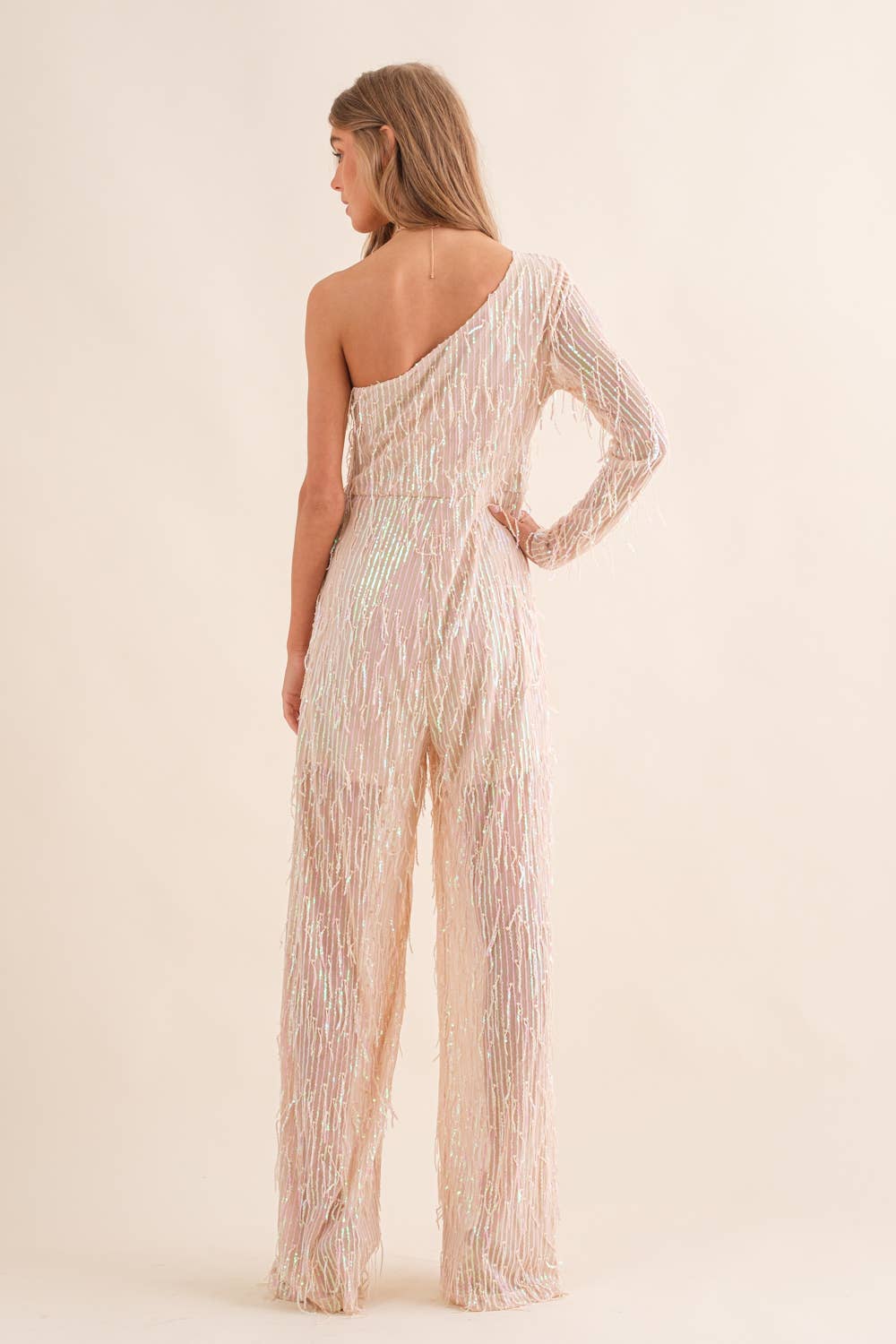 Sequin Fringe Embellish One Shoulder Jumpsuit