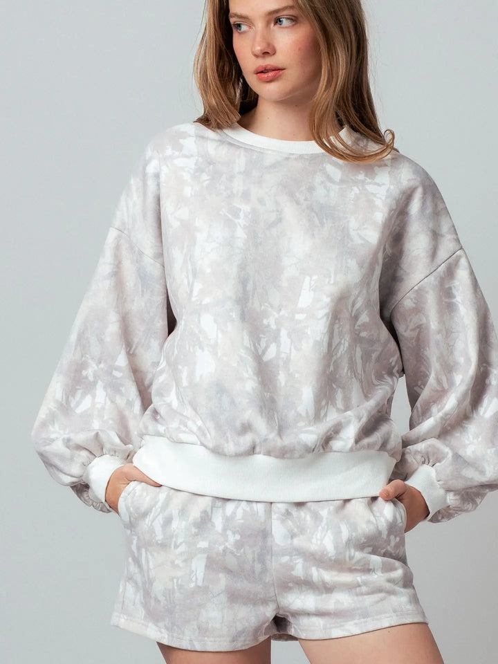 Relaxed Leaf Print Lounge Sweatshirt Set-Khaki