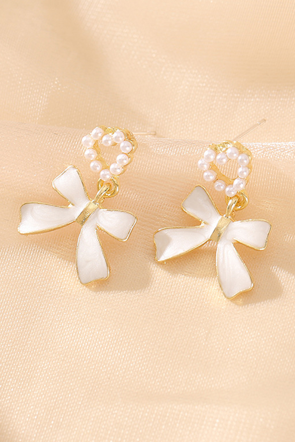 LDC Pearled Heart Shape Bow Knot Dangle Earrings