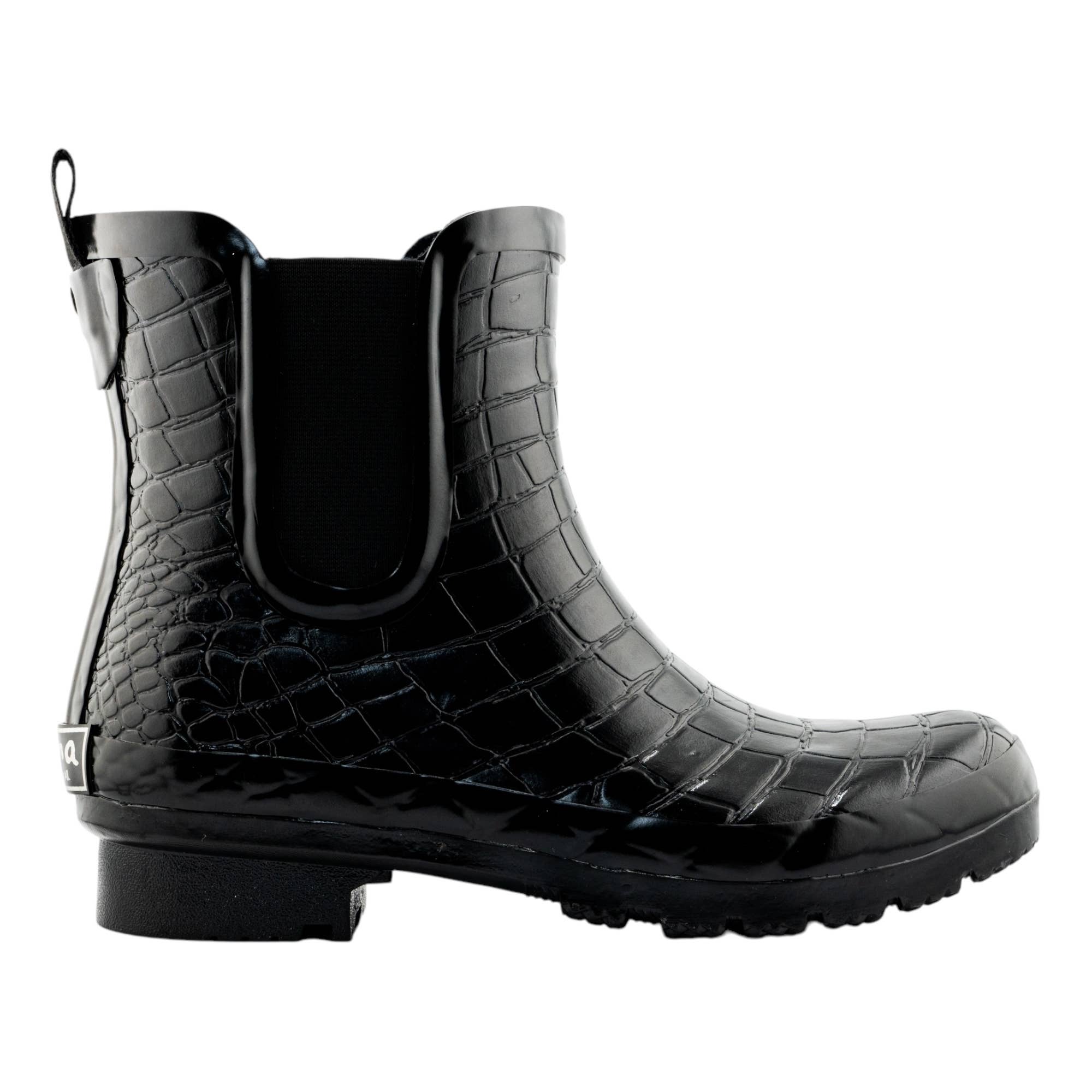 CHELSEA BLACK CROC EMBOSS WOMEN'S ANKLE RAIN BOOTS