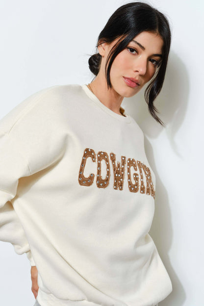 Brie Rhinestone Cowgirl Western sweatshirt by Pretty Garbage featuring graphic cowgirl design and rhinestone accents.