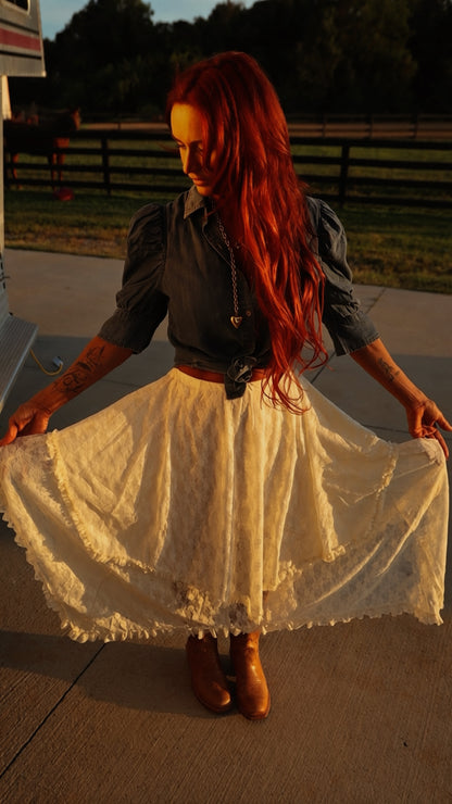 Cream lace ruffle midi skirt by blueivy featuring asymmetrical hem and boho western style.