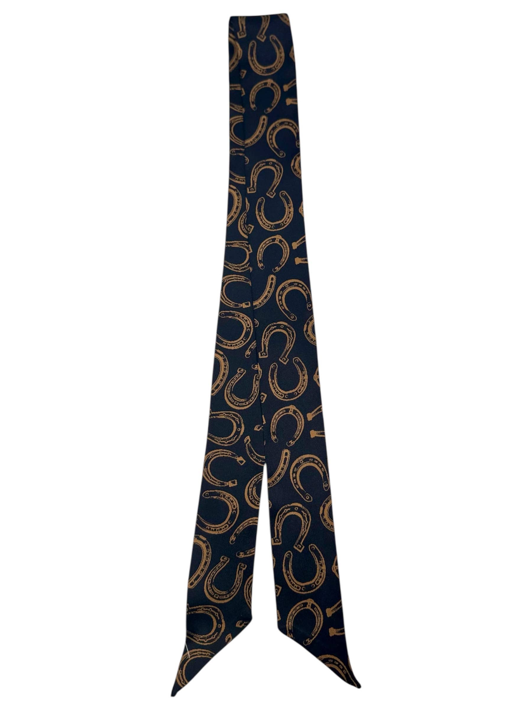 Black Silk Twilly Scarf with Tan Horseshoe Pattern