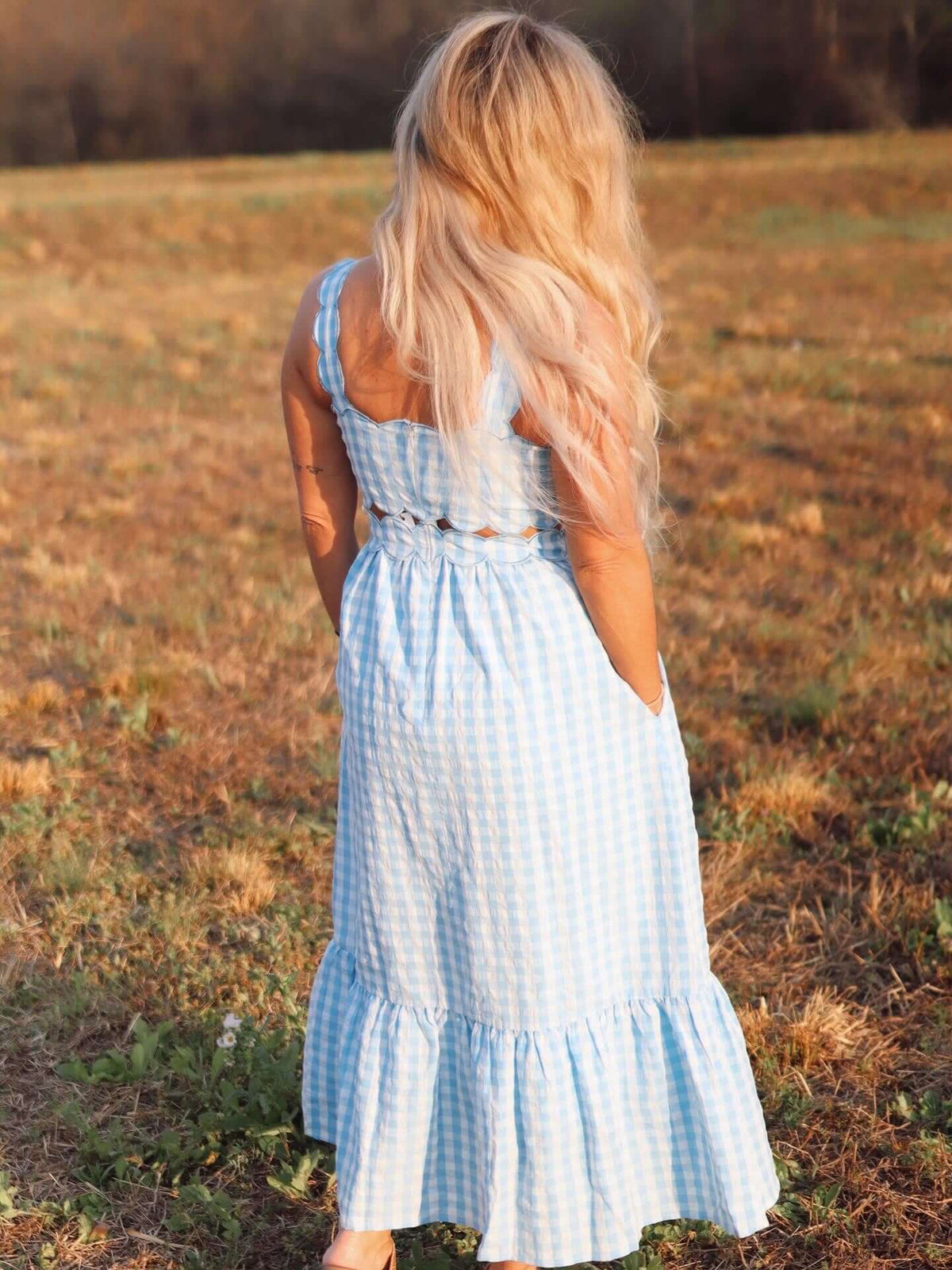 Day + Moon spring gingham midi dress with scalloped hem and sleeveless design, perfect for warm-weather wear.