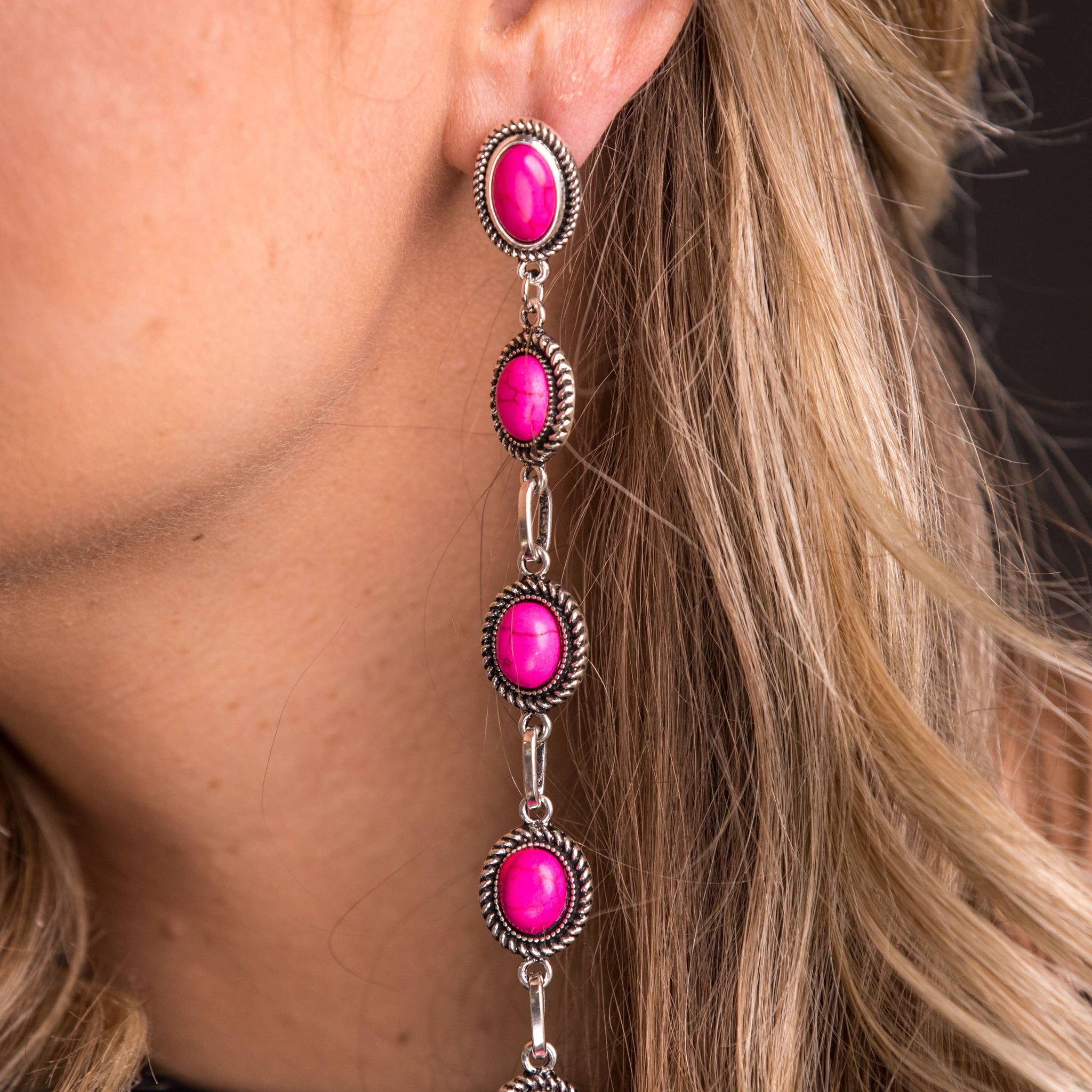 Pink 5 Stone Drop Post Earring