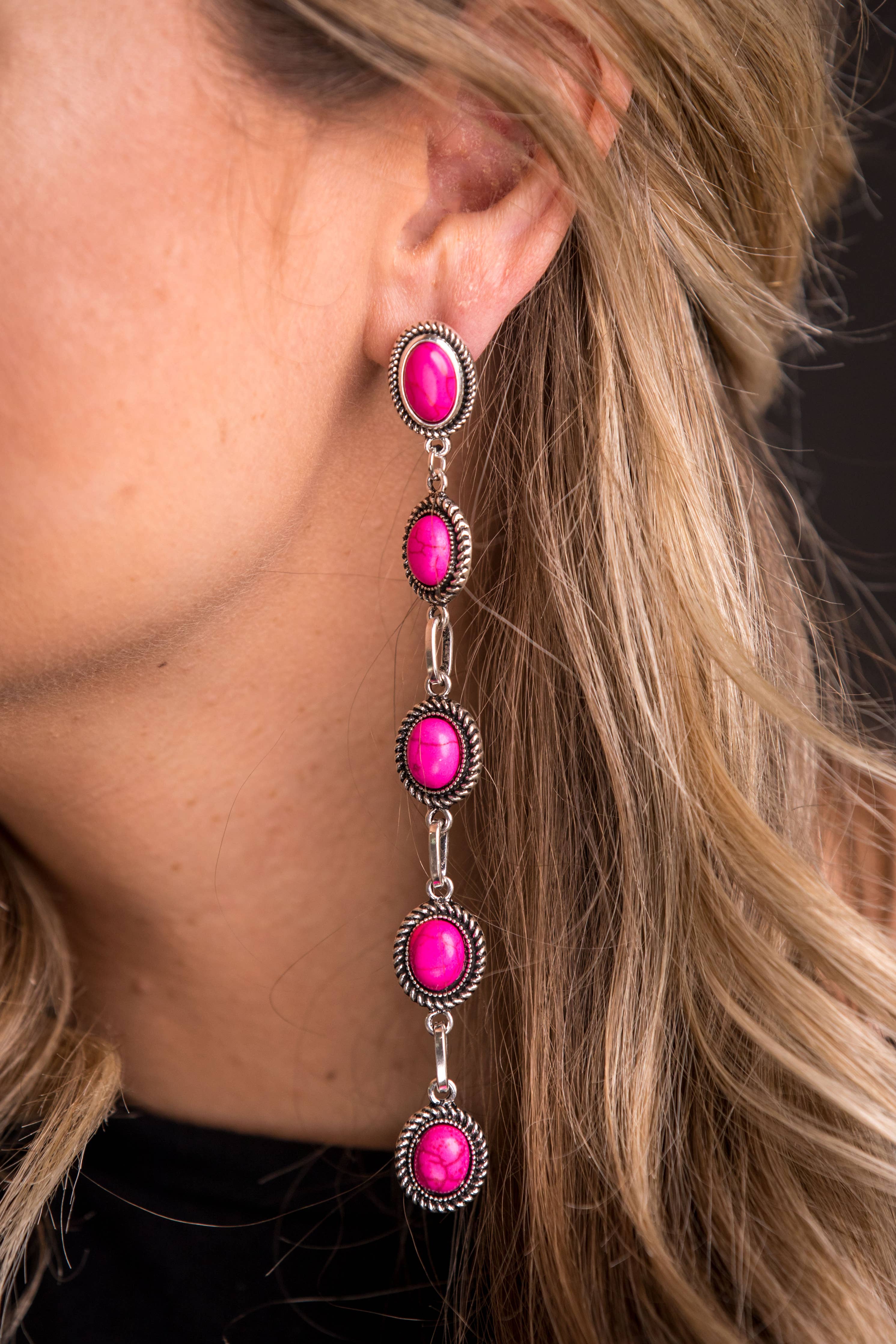 Pink 5 Stone Drop Post Earring