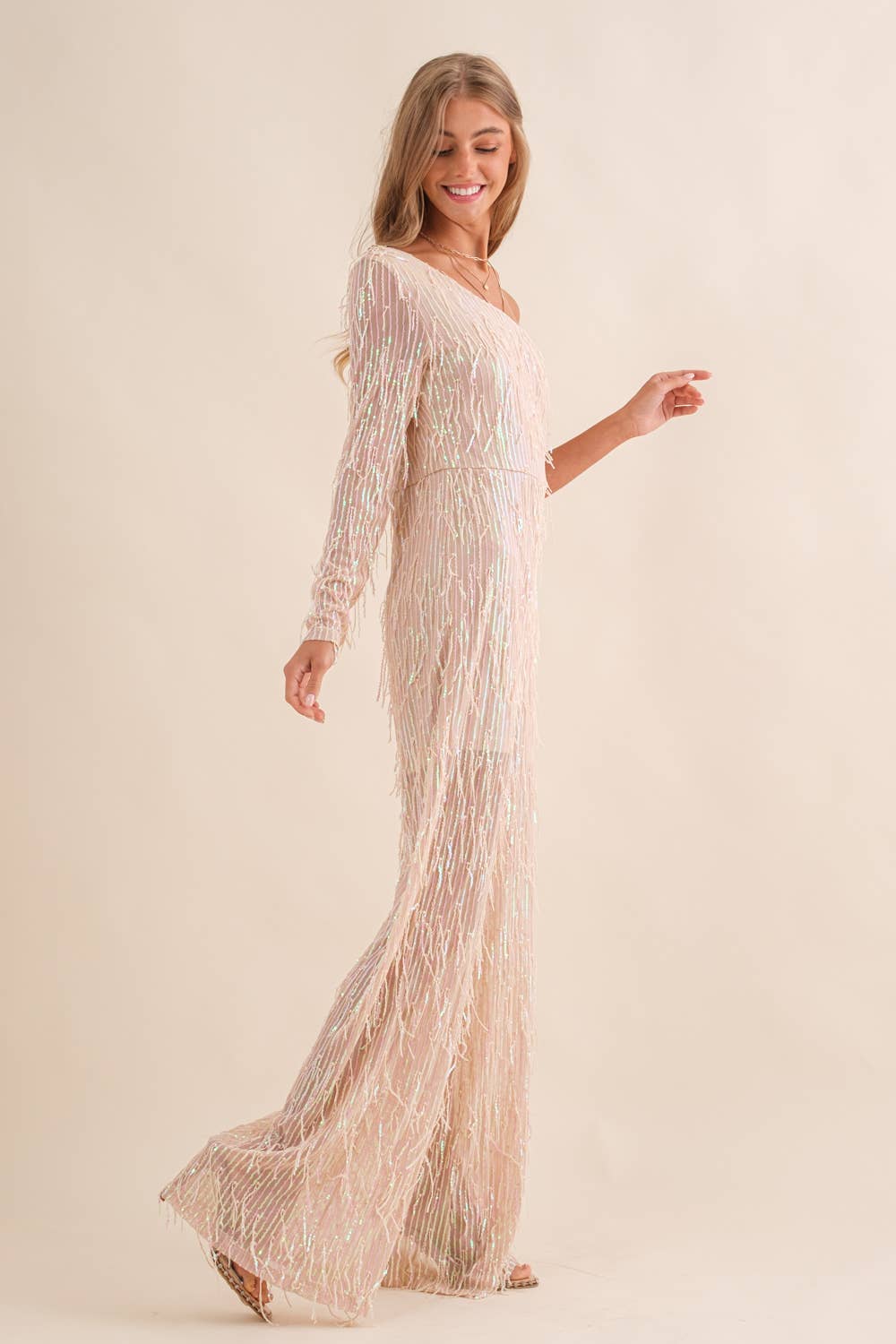 Sequin Fringe Embellish One Shoulder Jumpsuit