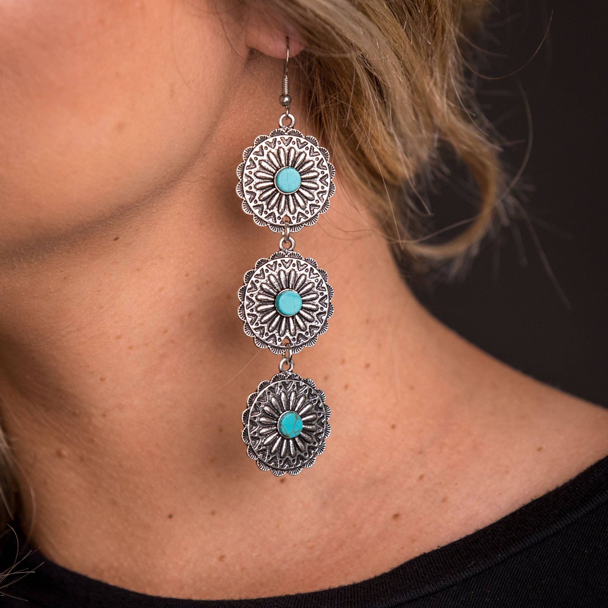 3 Tier Burnished Silver & Turquoise FLWR Concho Ear