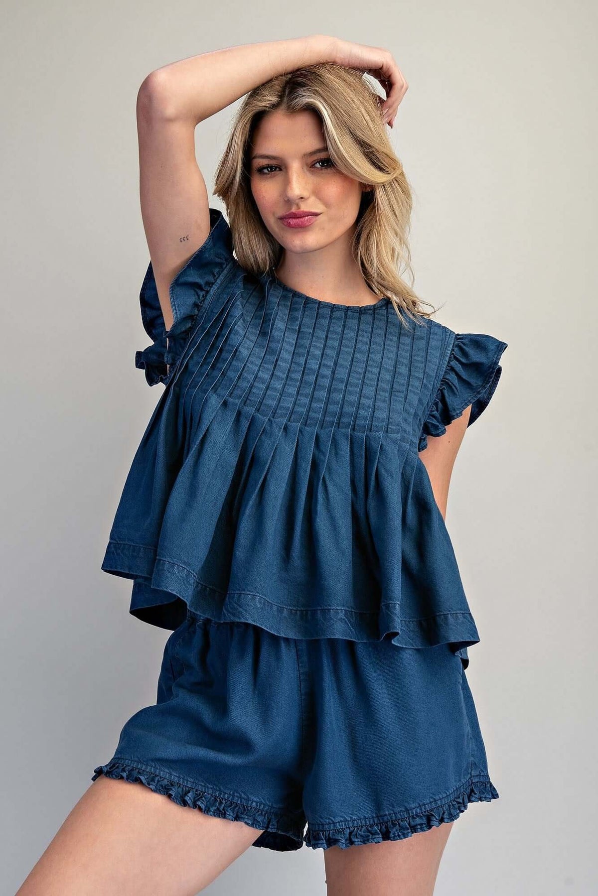 ee:some ruffled hem pintuck pleated peplum blouse featuring delicate ruffles and detailed pleats, stylish top for women.