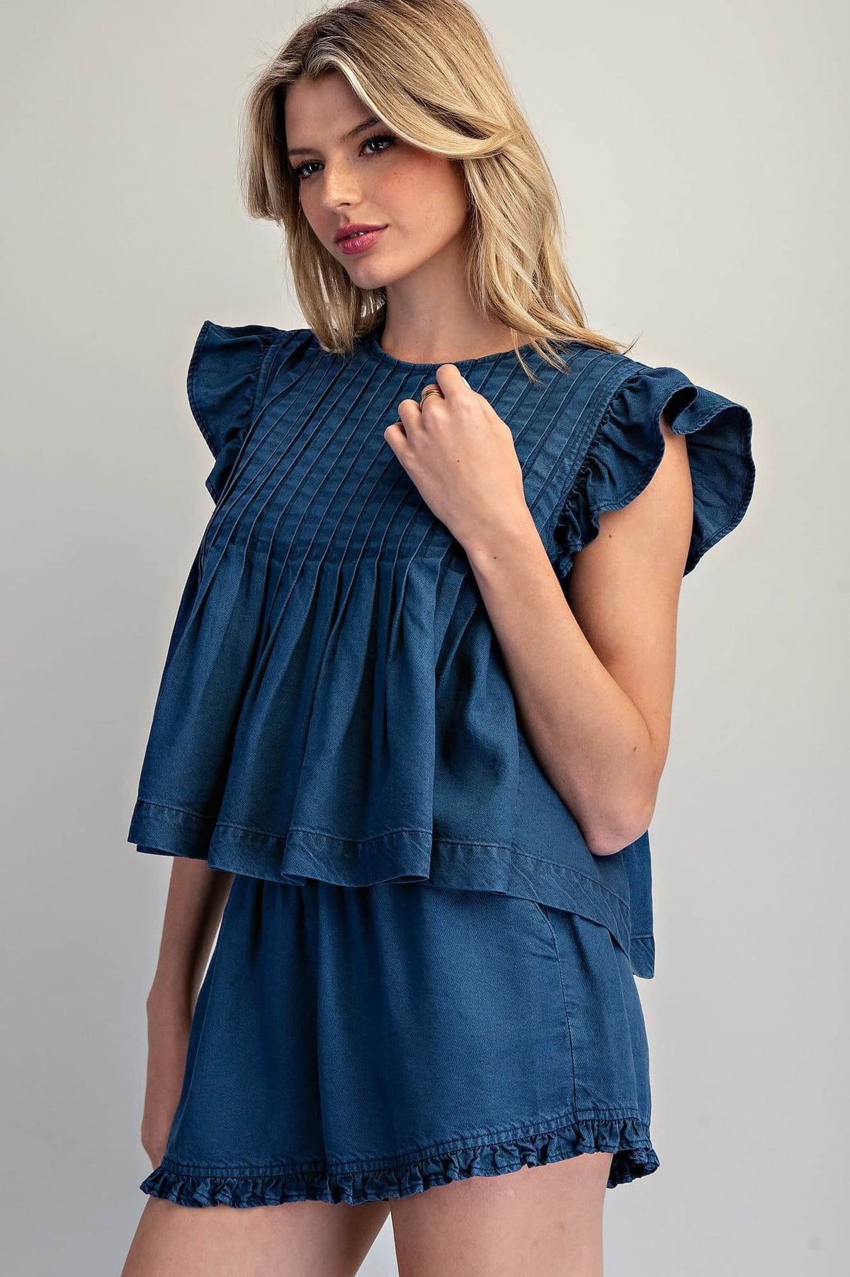 ee:some ruffled hem pintuck pleated peplum blouse, lightweight blouse with ruffled details and pleated accents, stylish women's top