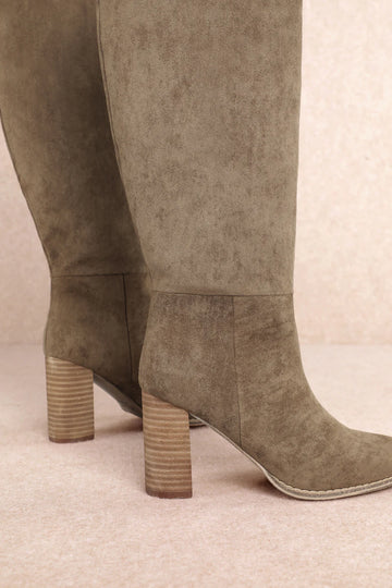 Taupe Suede Tall Western Block Heel Boots