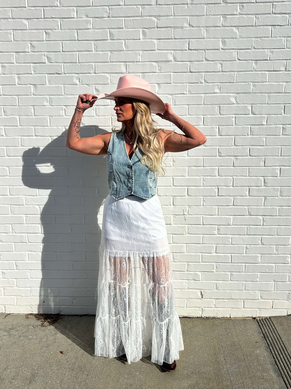 Lucky & Blessed long lace skirt, elegant flowy bottoms with intricate lace details, perfect for stylish casual or semi-formal wear.