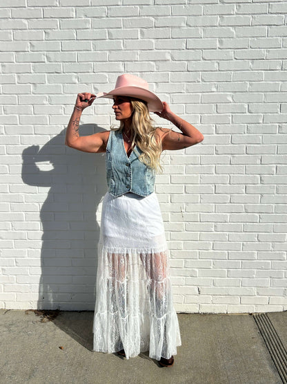Lucky & Blessed long lace skirt, elegant flowy bottoms with intricate lace details, perfect for stylish casual or semi-formal wear.