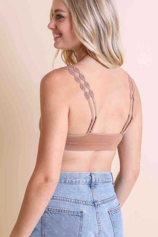 Leto Accessories boho eye lace appliqué bralette with delicate lace details and adjustable straps, intimate wear for stylish comfort.