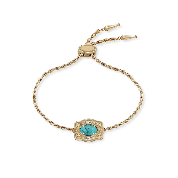 Gold Ultra Mini Belt Buckle Bracelet by SpurWest with lariat chain detail, showcasing a sleek and stylish jewelry accessory.
