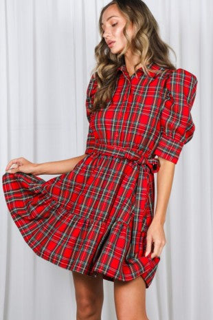 Short Puff Sleeve Plaid Mini Dress