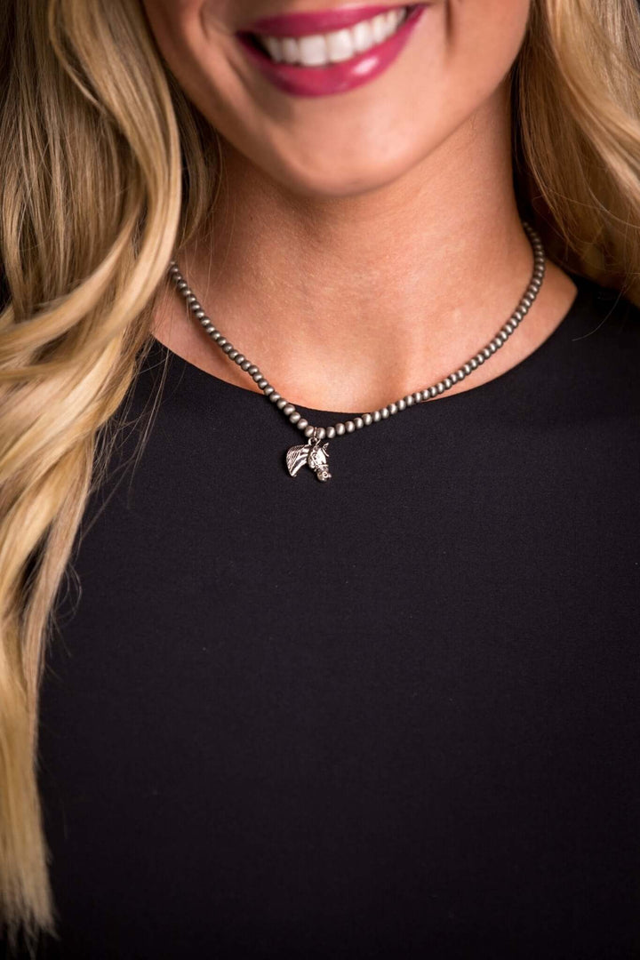 14" Dainty Faux Navajo Pearl Necklace with Horse Head Charm - Cowgirl Charm