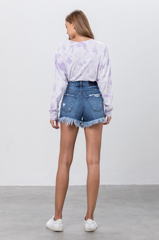 High Rise Distressed Denim Shorts with Raw Hem