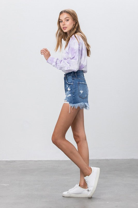 High Rise Distressed Denim Shorts with Raw Hem