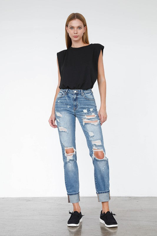 High Waisted Distressed Girlfriend Jeans – Ripped Light Wash Stretch Denim