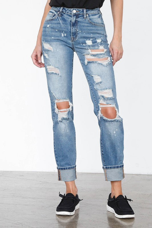 High Waisted Distressed Girlfriend Jeans – Ripped Light Wash Stretch Denim