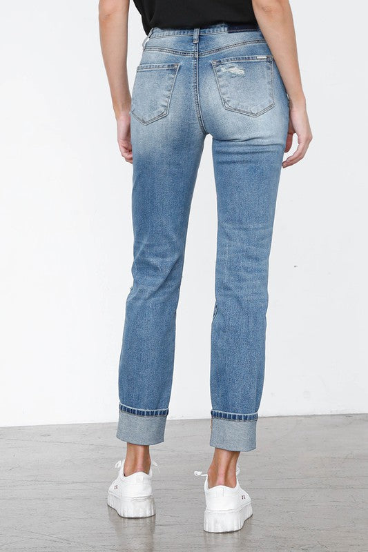 High Waisted Distressed Girlfriend Jeans – Ripped Light Wash Stretch Denim