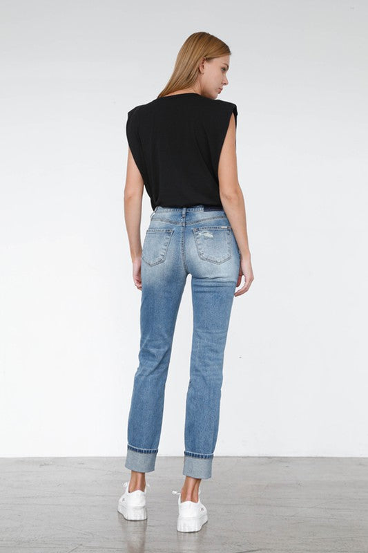 High Waisted Distressed Girlfriend Jeans – Ripped Light Wash Stretch Denim