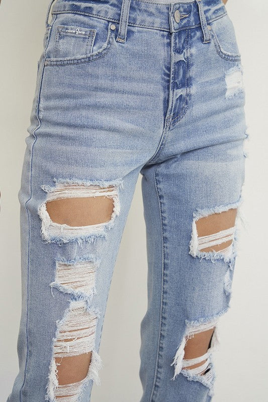 Mid-Waisted Distressed Boyfriend Straight Leg Jeans – Light Wash Ripped Denim for Women