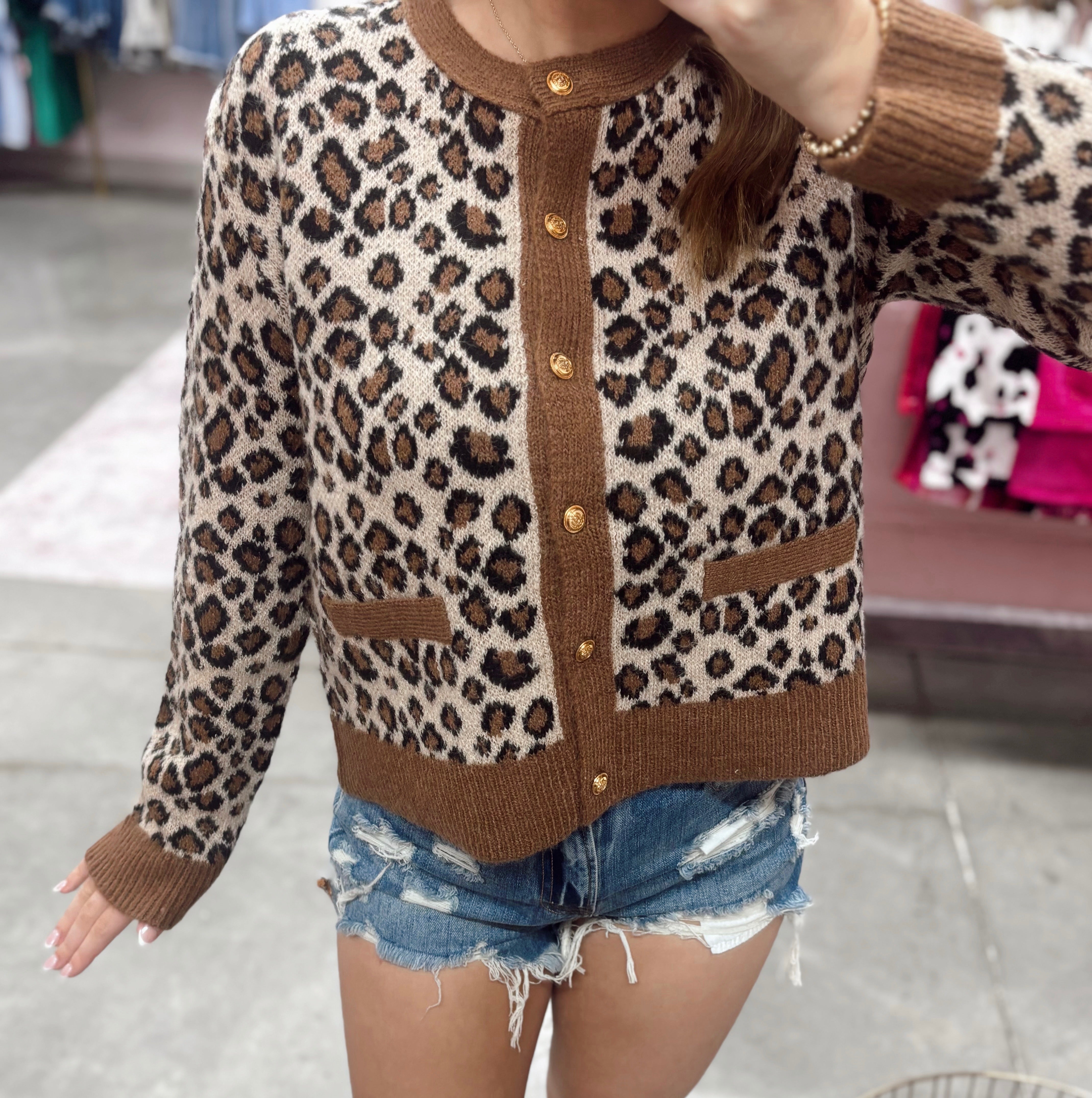 Leopard Pattern Button Down Round Neck Cardigan