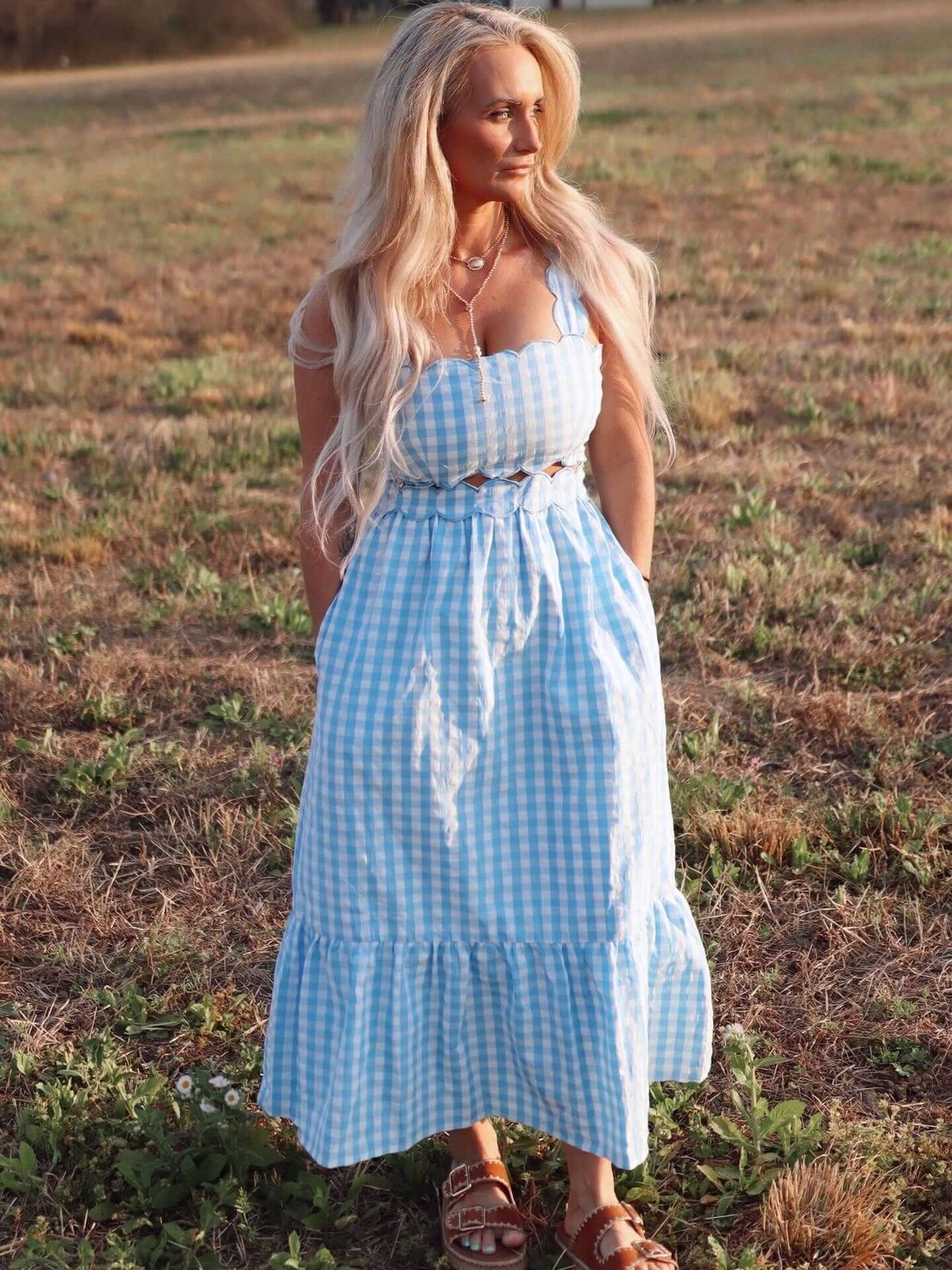 Day + Moon spring gingham midi dress with scalloped details, featuring a flowy silhouette and stylish design.