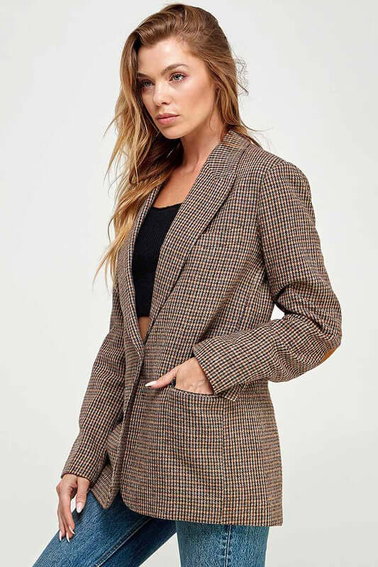 Heritage Houndstooth elbow patch blazer by The Vintage Shop, stylish vintage outerwear with classic cowgirl charm and tailored fit.