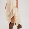Cream lace ruffle midi skirt by blueivy featuring boho style, asymmetrical hem, and delicate lace details.