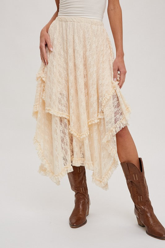 Cream lace ruffle midi skirt by blueivy featuring boho style, asymmetrical hem, and feminine lace detailing.