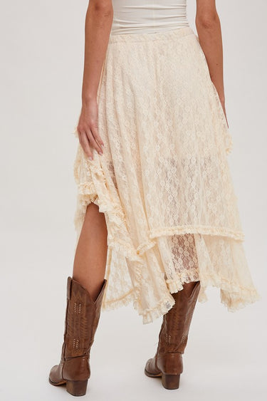 Cream lace ruffle midi skirt with asymmetrical hem and western boho style from blueivy, featuring delicate lace details.