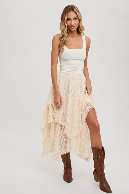 Cream lace ruffle midi skirt with asymmetrical hem, boho western style by blueivy, featuring layered lace details and ruffled accents.
