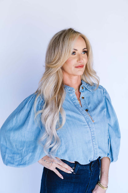 Blueivy denim button-down puff sleeve shirt, casual tops with long sleeves and front buttons, stylish and comfortable for everyday wear.