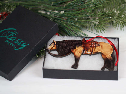 Buckskin Western Paint Horse Christmas ornament by Classy Equine, detailed horse figurine for holiday decor