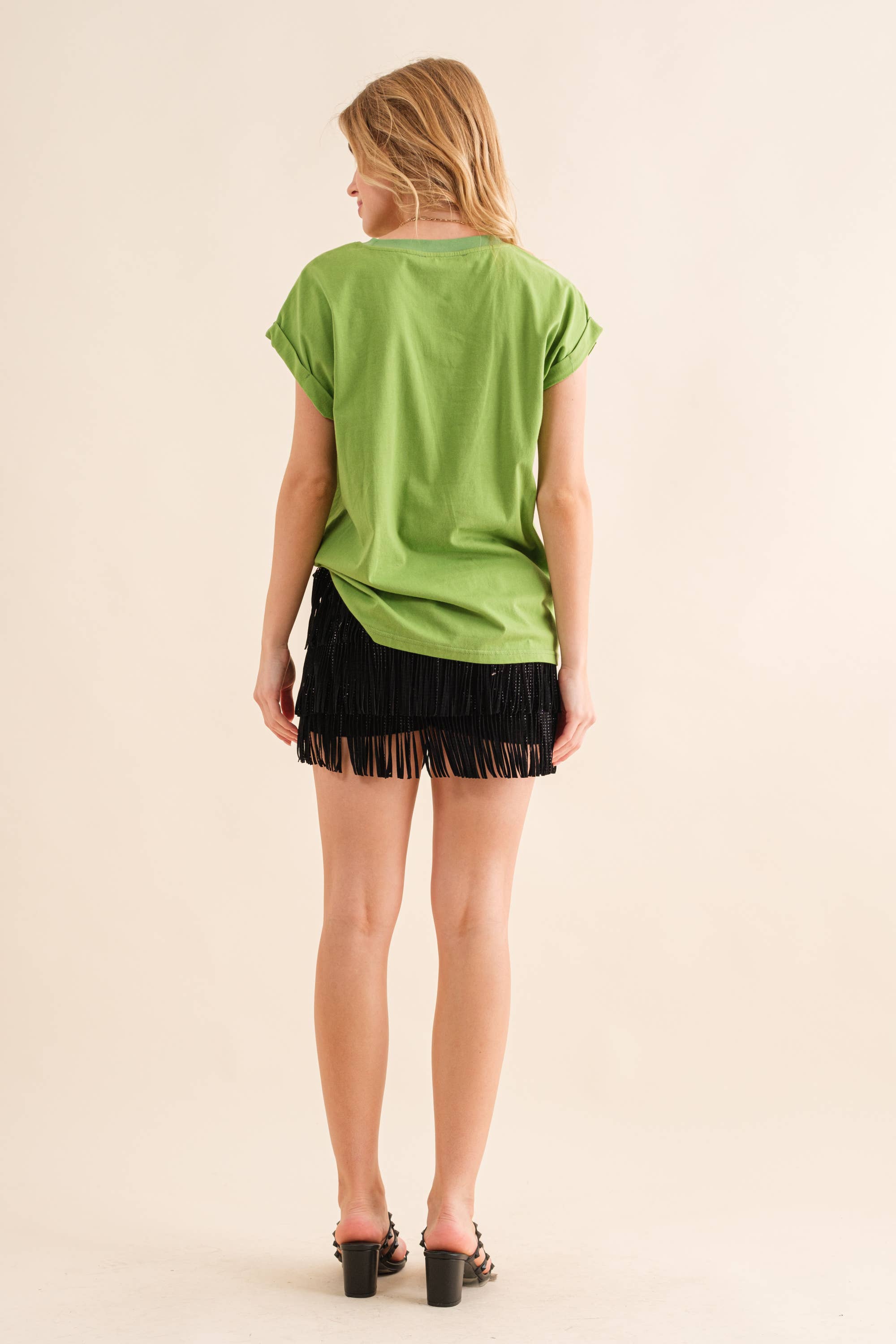 Wide Faux Leather Waist Tiered Fringe Studded Short