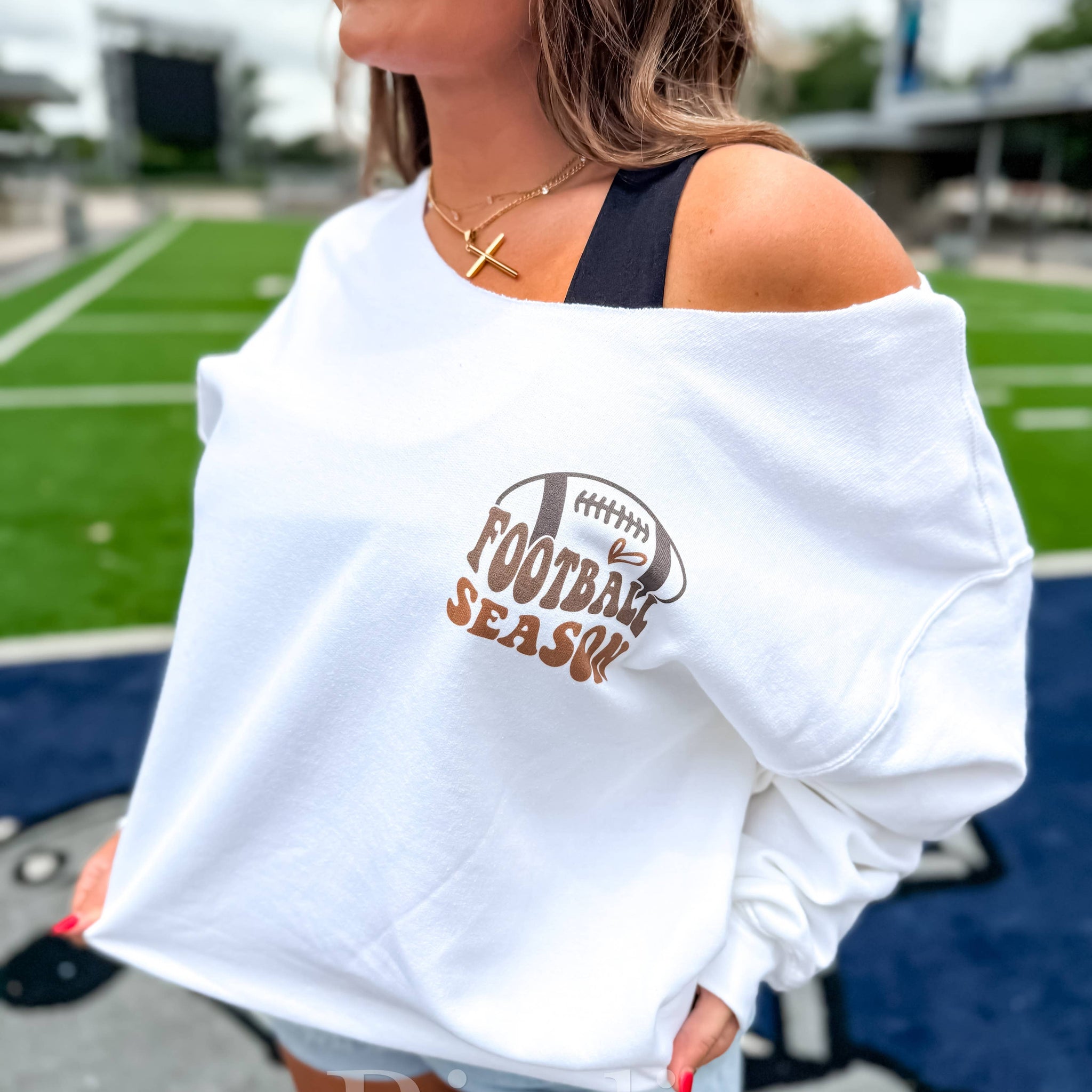 Sorry Can't Football Season White Graphic Off Shoulder Crew