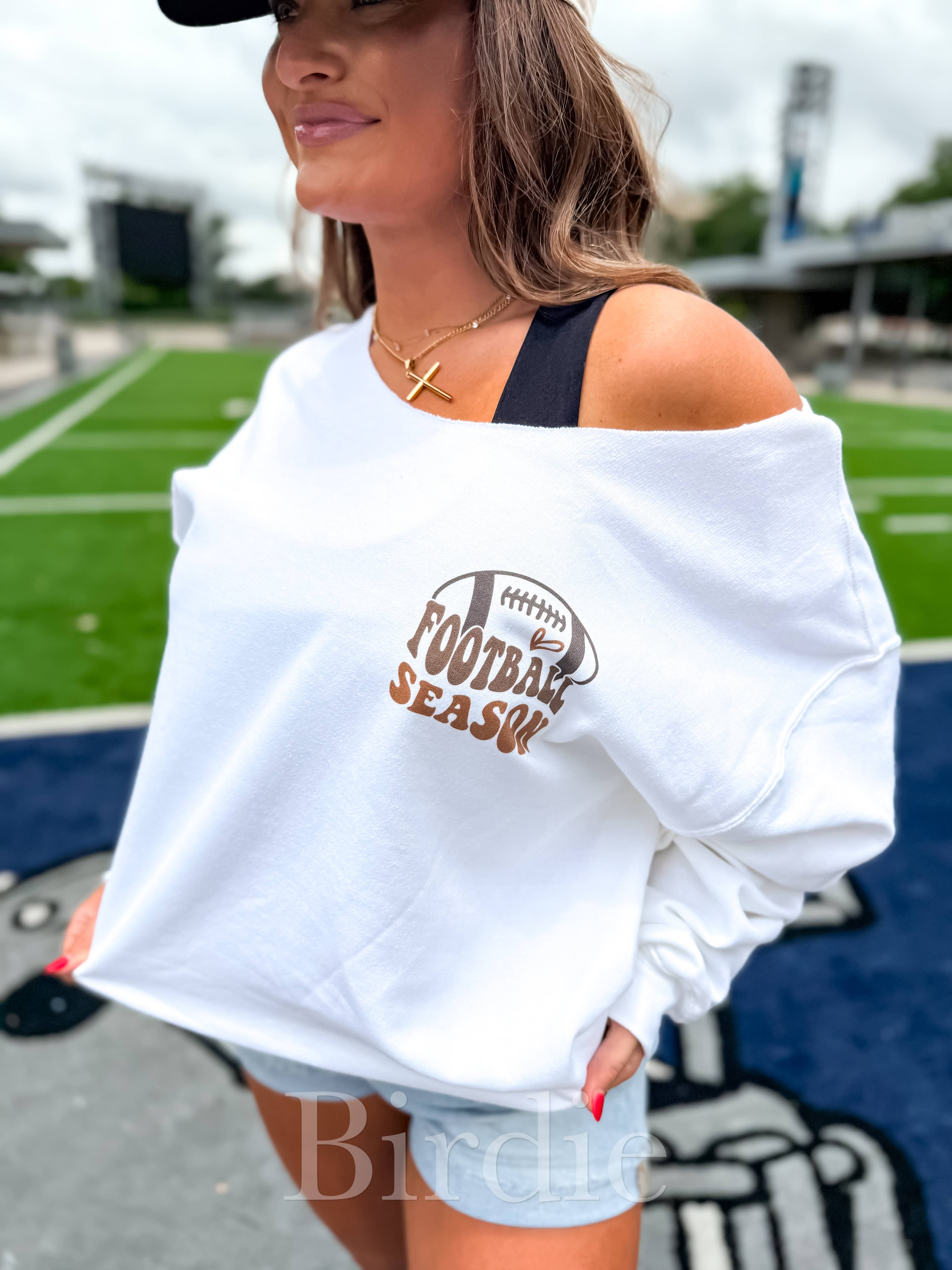 Sorry Can't Football Season White Graphic Off Shoulder Crew