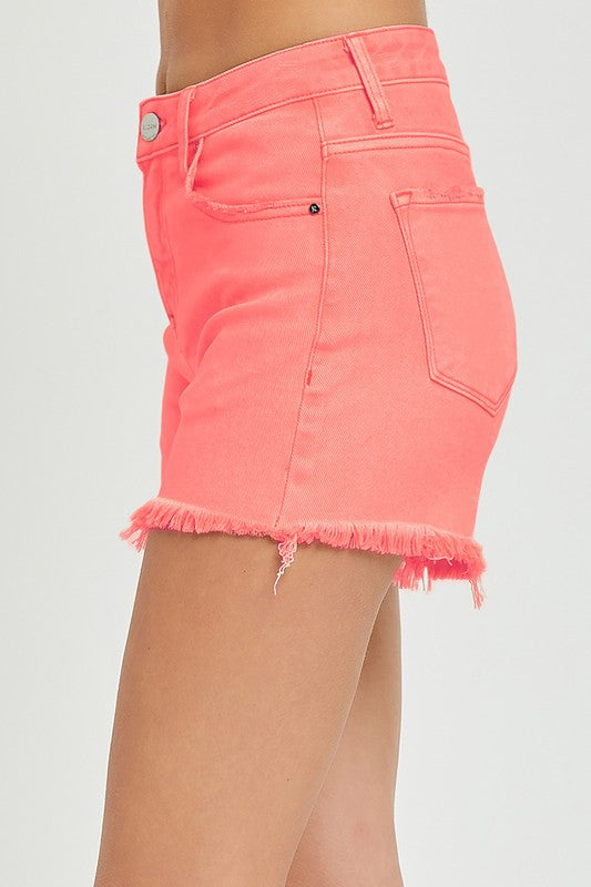 Tummy Control High Rise Fray Hem Shorts – Coral Stretch Fit