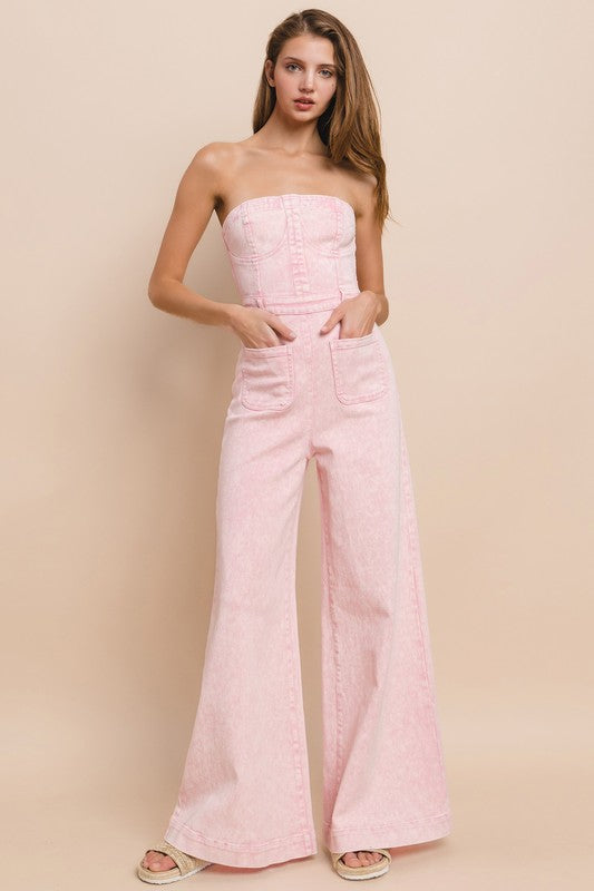 Blush Acid Wash Denim Jumpsuit – Strapless Wide-Leg Western Chic