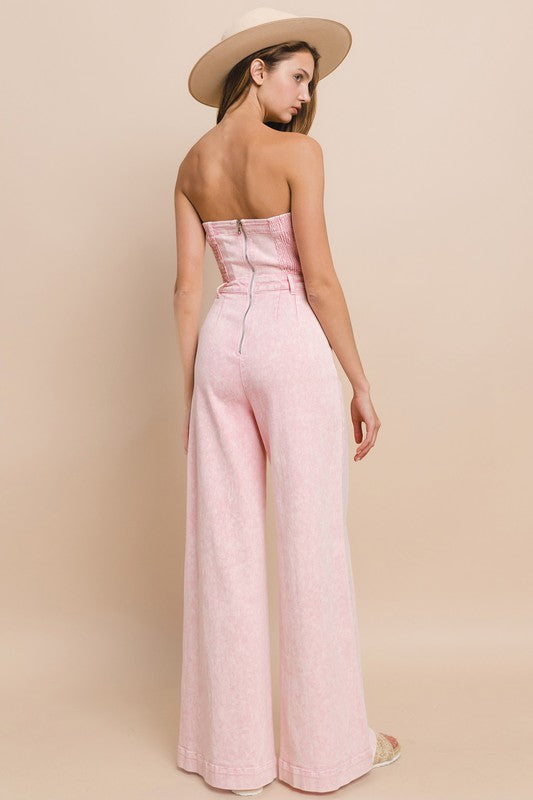 Blush Acid Wash Denim Jumpsuit – Strapless Wide-Leg Western Chic
