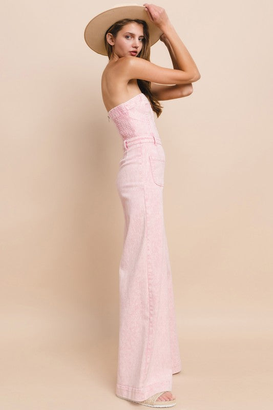Blush Acid Wash Denim Jumpsuit – Strapless Wide-Leg Western Chic
