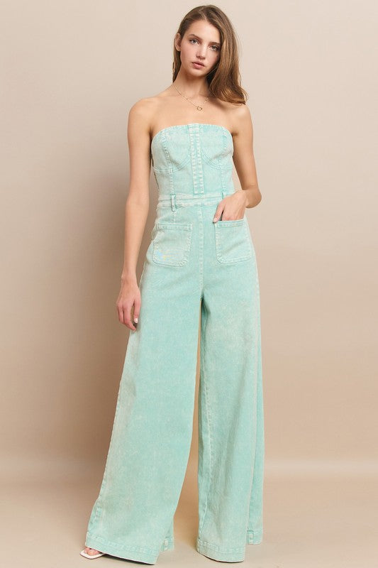 Aqua Dream Tube Denim Jumpsuit – Wide Leg Mineral Wash  Style