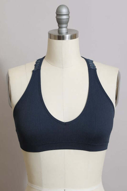 Seamless front lace racerback bralette from Leto Accessories, soft intimates with delicate lace details and comfortable fit.