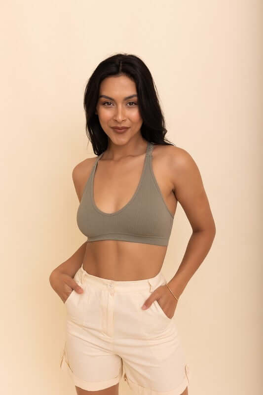 Seamless front lace racerback bralette by Leto Accessories, soft intimate lingerie with delicate lace detailing and a comfortable fit.