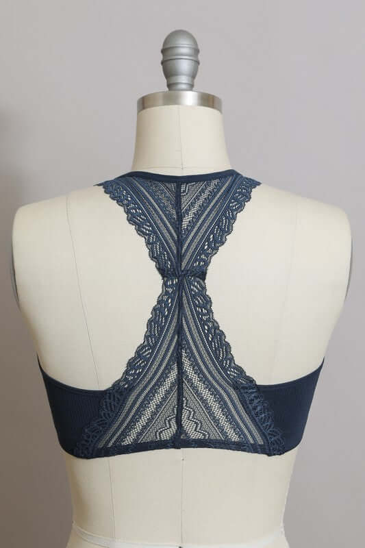 Leto Accessories seamless front lace racerback bralette in soft, stretchy fabric with delicate lace details.